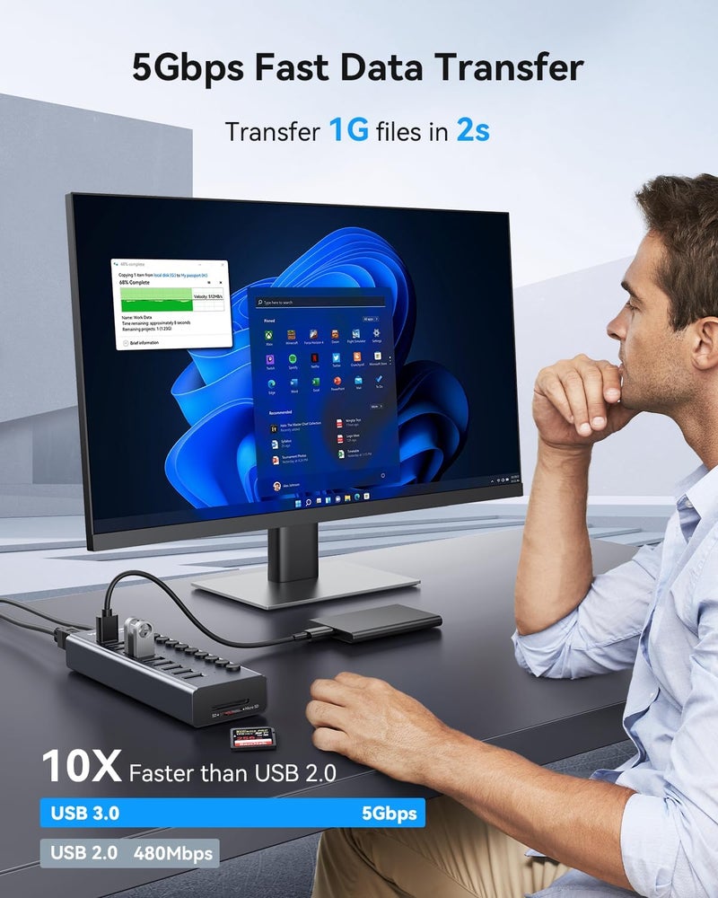 Wenter Powered USB Hub 3.0 with SD/TF Card Reader, Aluminum 10 Port Powered USB Hub (9 USB 3.0 Data Transfer Port & 1 USB Fast Charging Port Hub) USB 3.0 Hub for PC, Laptop - Image 3